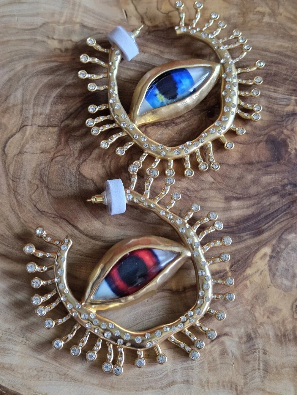 Schiaparelli Style Gaze Eye Crystal Large Chunky Earrings Matte Gold Pierced